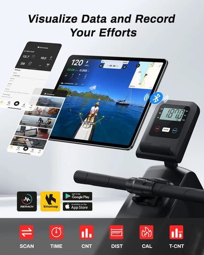 Magnetic Rowing Machine with 16 Resistance Settings | 12 lb Flywheel, Bluetooth LCD, 350 lb Weight Capacity & Compact Design