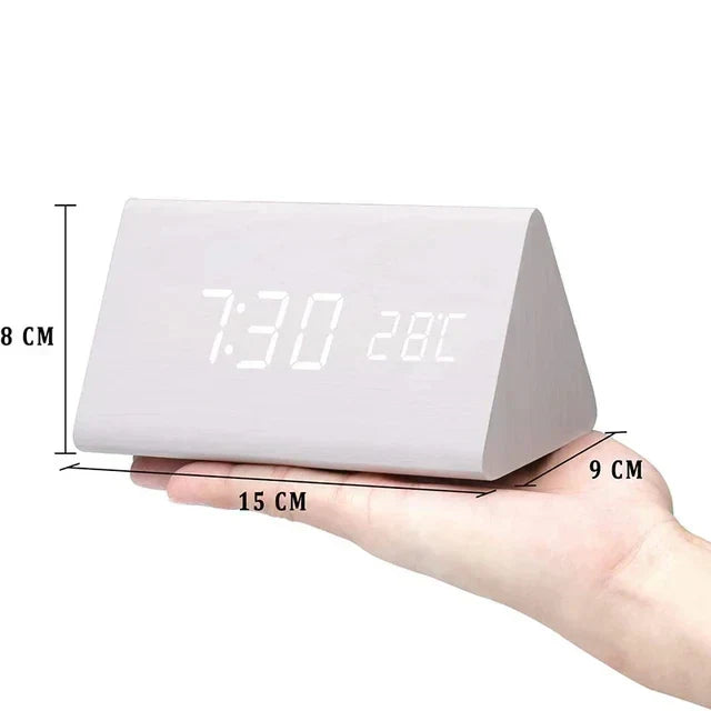 Voice-Activated Wooden Alarm Clock with LED Display – Modern Design