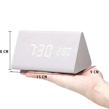 Voice-Activated Wooden Alarm Clock with LED Display – Modern Design