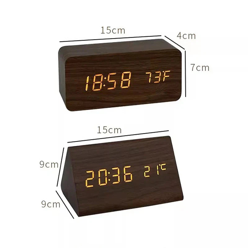 Voice-Activated Wooden Alarm Clock with LED Display – Modern Design