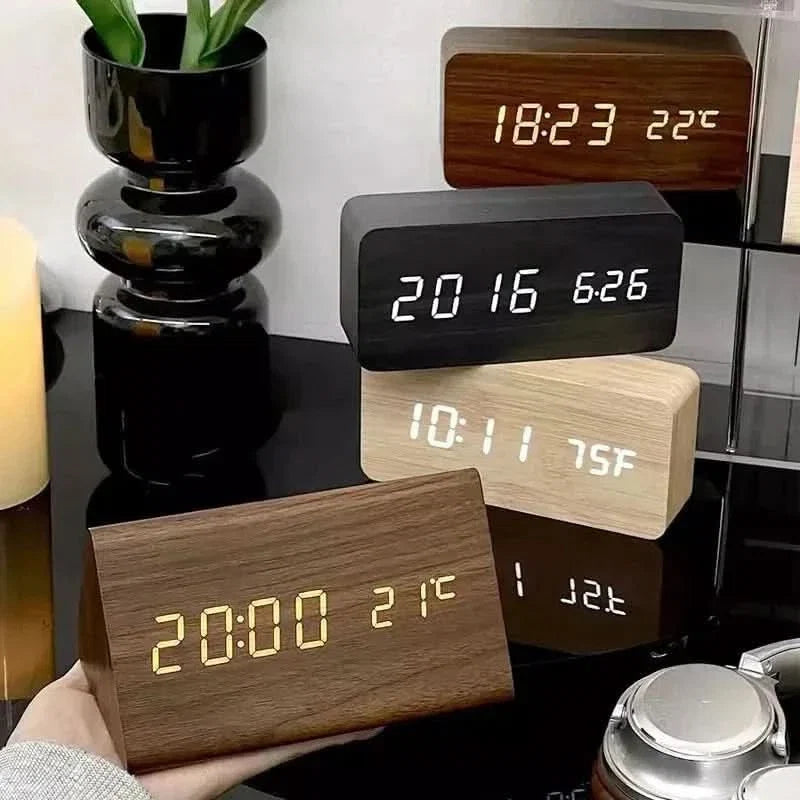 Natural Wood Digital Desk Clock with LED Display and Alarm Feature