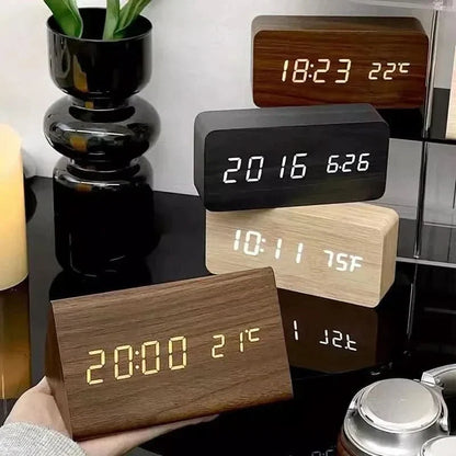 Natural Wood Digital Desk Clock with LED Display and Alarm Feature