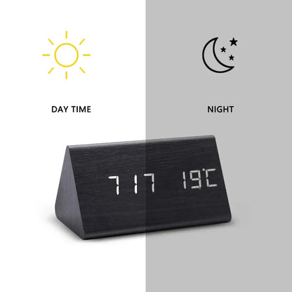Voice-Activated Wooden Alarm Clock with LED Display – Modern Design