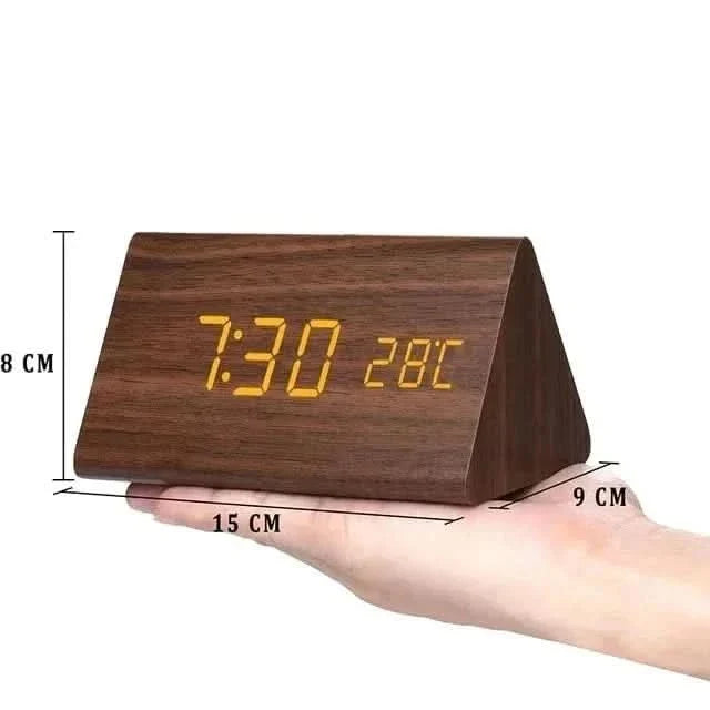 Natural Wood Digital Desk Clock with LED Display and Alarm Feature