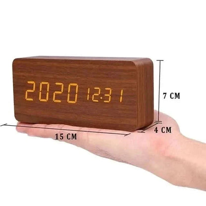 Natural Wood Digital Desk Clock with LED Display and Alarm Feature