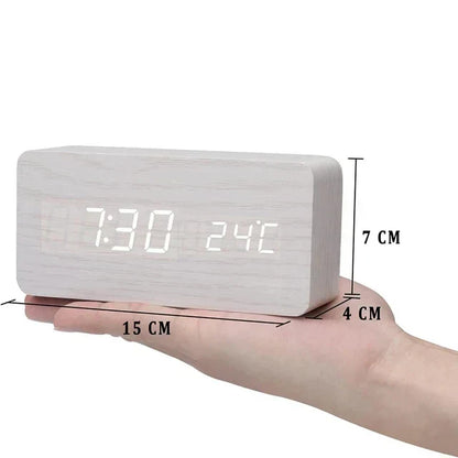 Voice-Activated Wooden Alarm Clock with LED Display – Modern Design