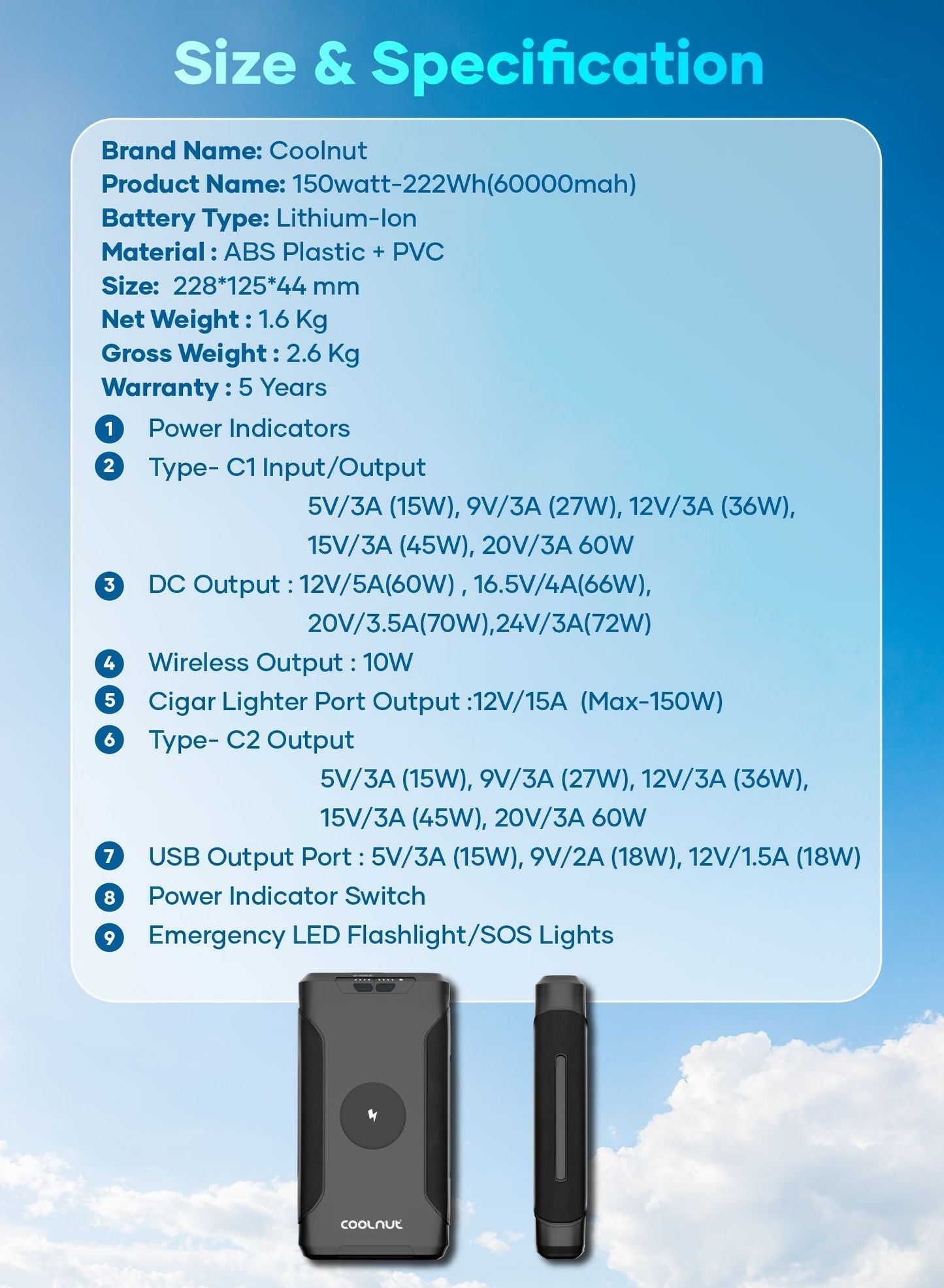 Portable Power Hub | 150W Output, 222Wh Capacity for Travel