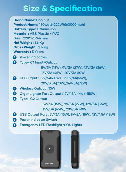 Portable Power Hub | 150W Output, 222Wh Capacity for Travel