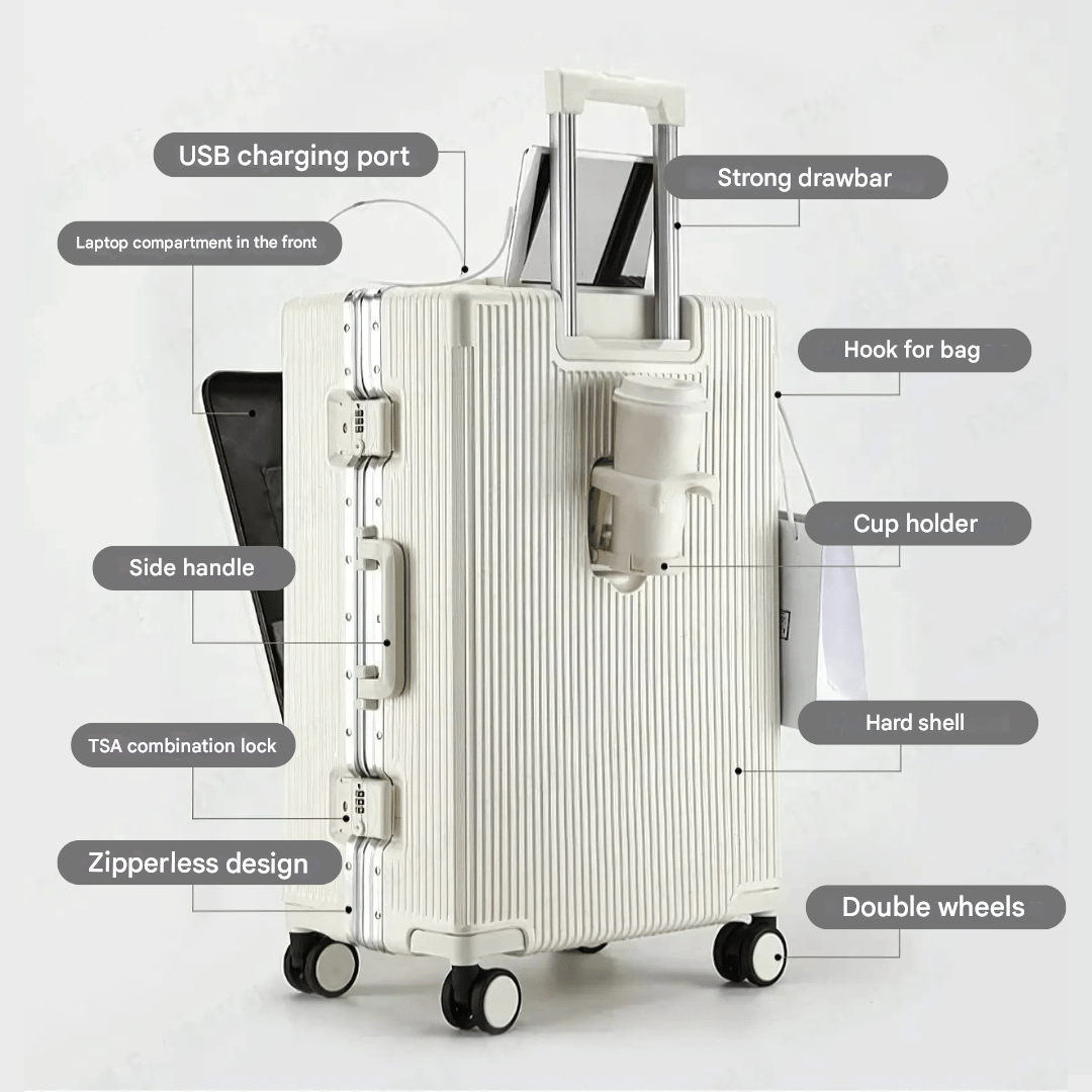 Hard Shell Carry-On Suitcase with Aluminium Frame – 20 Inch, 40L, Laptop Compartment & USB Ports