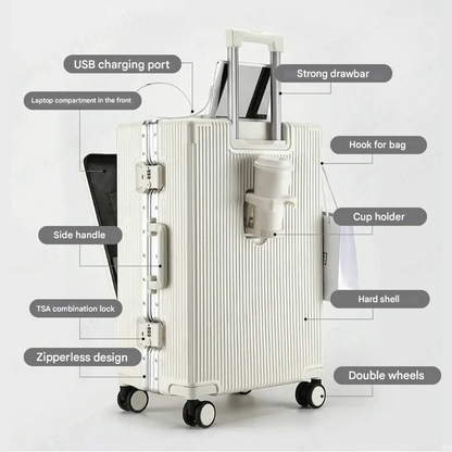 Hard Shell Carry-On Suitcase with Aluminium Frame – 20 Inch, 40L, Laptop Compartment & USB Ports