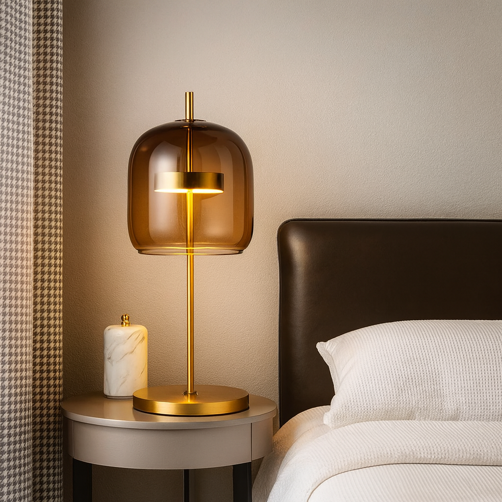Table Lamp with Stained Glass Shade and Gold Iron Base
