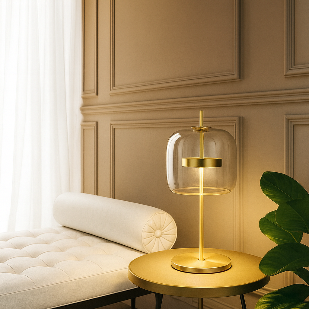Table Lamp with Stained Glass Shade and Gold Iron Base
