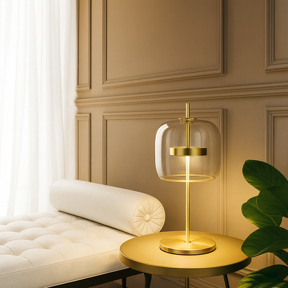 Table Lamp with Stained Glass Shade and Gold Iron Base
