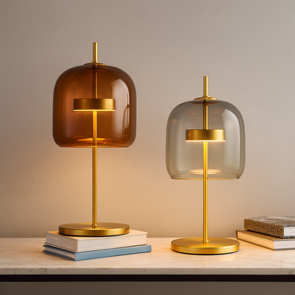 Table Lamp with Stained Glass Shade and Gold Iron Base