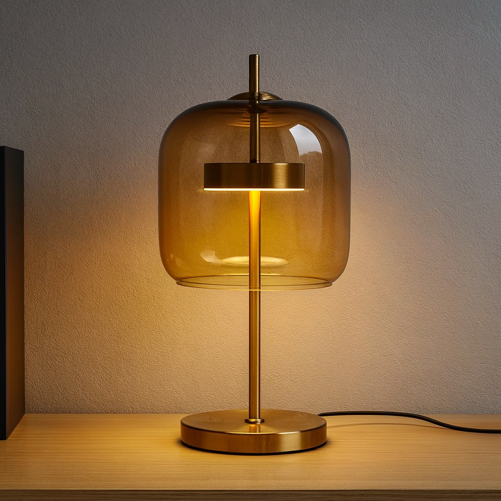 Table Lamp with Stained Glass Shade and Gold Iron Base