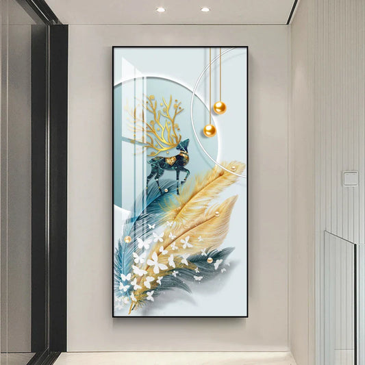 Abstract Golden Feather Deer Landscape Canvas Art for Elegant Home Decor