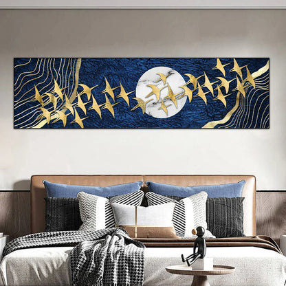 Golden Birds in the Moon Canvas Wall Art - Modern Wide Format Decor