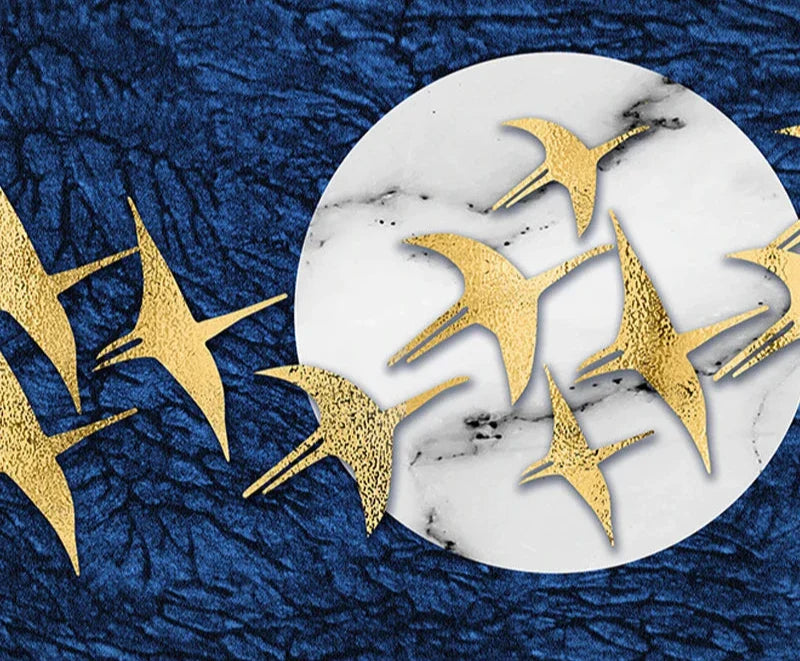 Golden Birds in the Moon Canvas Wall Art - Modern Wide Format Decor