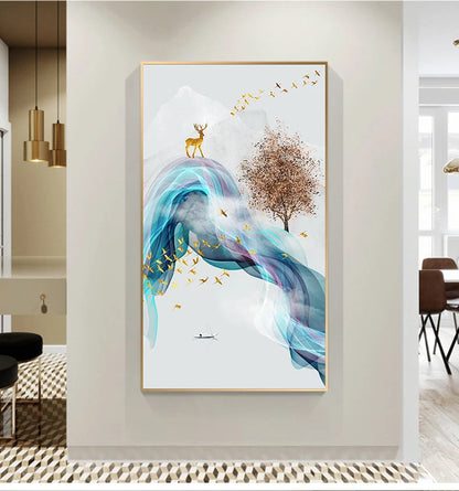 Abstract Golden Deer Landscape Canvas Art Prints for Home Decor