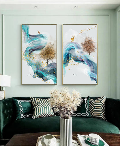 Abstract Golden Deer Landscape Canvas Art Prints for Home Decor
