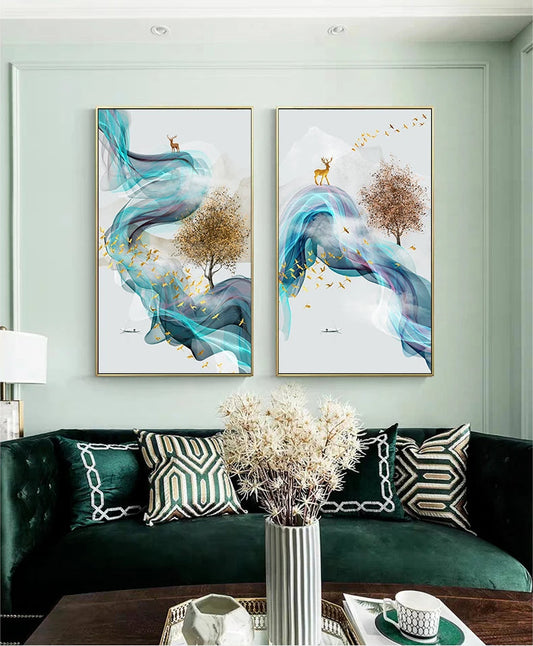 Abstract Golden Deer Landscape Canvas Art Prints for Home Decor