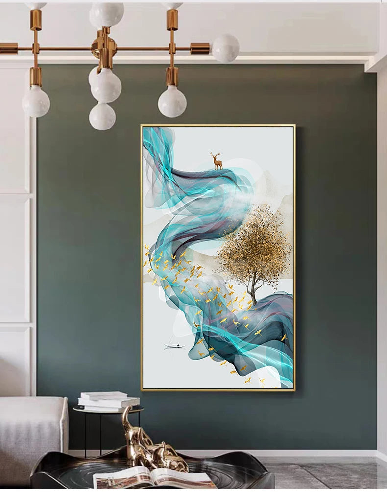Abstract Golden Deer Landscape Canvas Art Prints for Home Decor