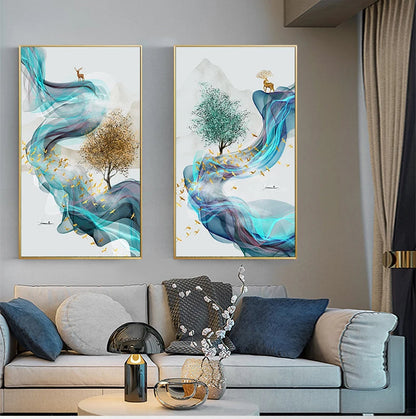 Abstract Golden Deer Landscape Canvas Art Prints for Home Decor