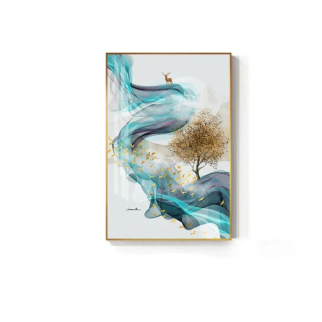 Abstract Golden Deer Landscape Canvas Art Prints for Home Decor