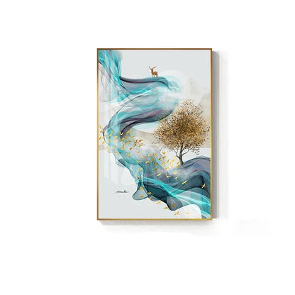 Abstract Golden Deer Landscape Canvas Art Prints for Home Decor