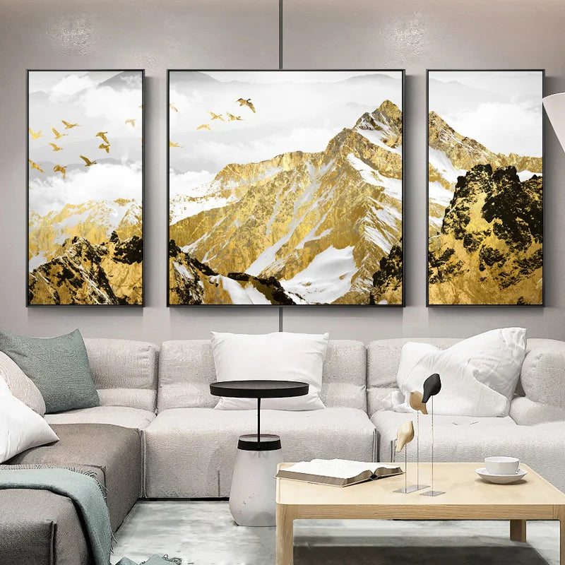Set of 3 Canvas Prints - Golden Mountain Triptych Landscape Art for Home Decor
