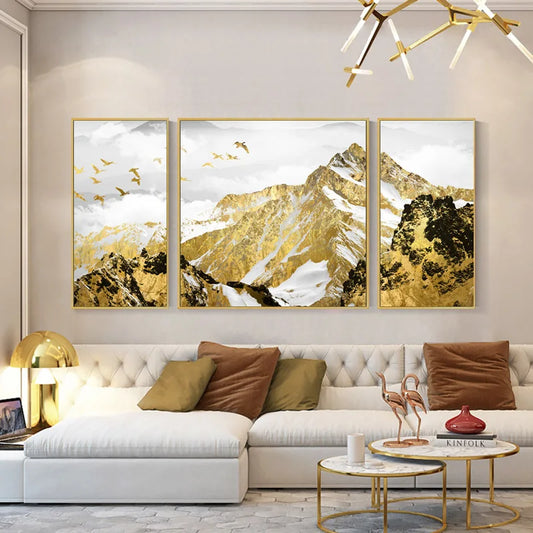 Set of 3 Canvas Prints - Golden Mountain Triptych Landscape Art for Home Decor