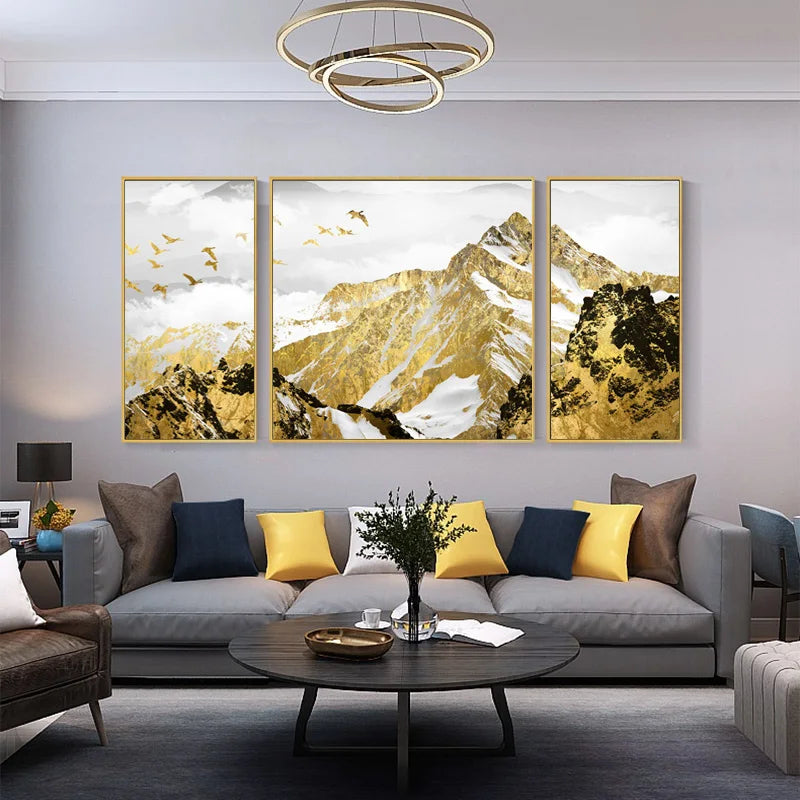 Set of 3 Canvas Prints - Golden Mountain Triptych Landscape Art for Home Decor