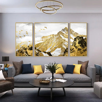 Set of 3 Canvas Prints - Golden Mountain Triptych Landscape Art for Home Decor
