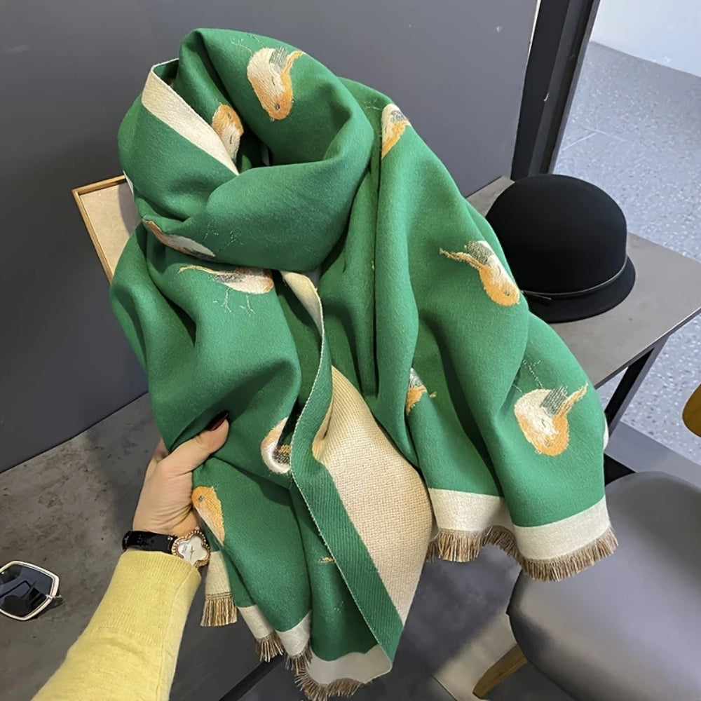 Charming Avian-Patterned Wrap for Cozy Comfort