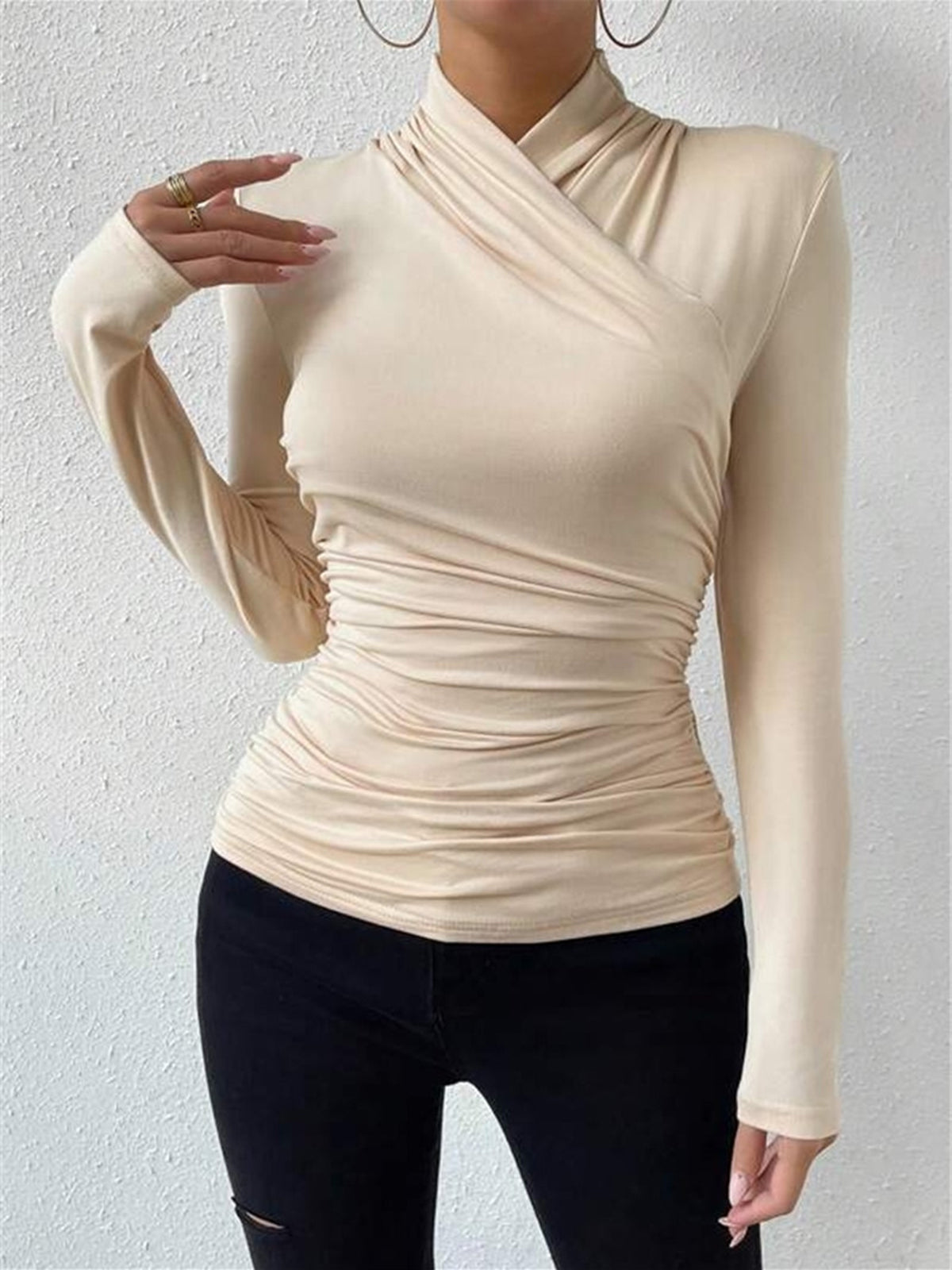 Draped Crossover Top in Stylish Long Sleeve Design for Effortless Elegance