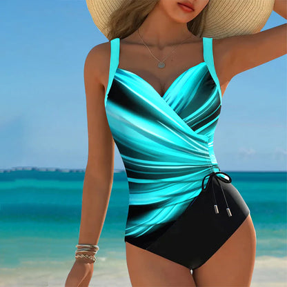 One-Piece Swimsuit with Lace-Up Details and Contrasting Color Accents