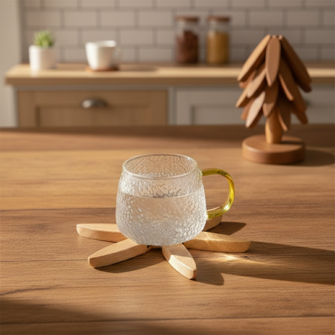 Natural Wood Coaster Set with Holder | 3 Heat-Resistant Trivet Coasters