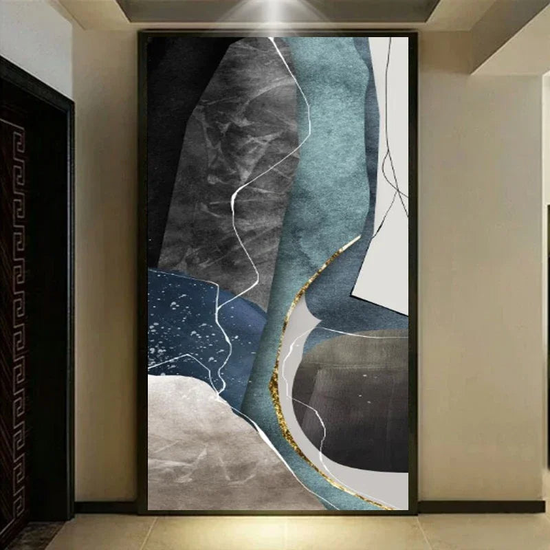Large Geometric Abstract Canvas Art in Gray, Blue, and Green for Modern Living Spaces