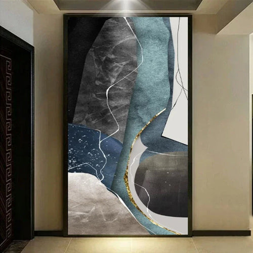 Large Geometric Abstract Canvas Art in Gray, Blue, and Green for Modern Living Spaces