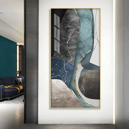 Large Geometric Abstract Canvas Art in Gray, Blue, and Green for Modern Living Spaces