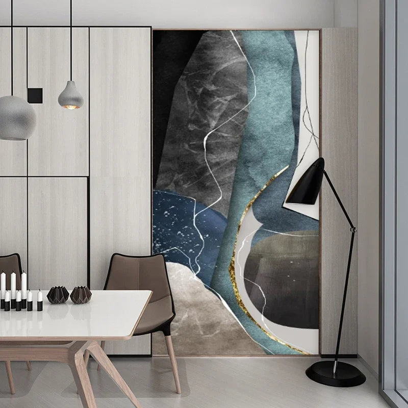 Large Geometric Abstract Canvas Art in Gray, Blue, and Green for Modern Living Spaces