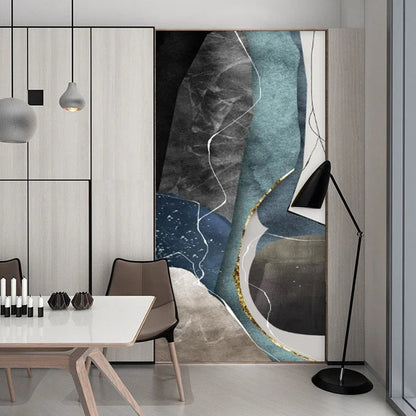 Large Geometric Abstract Canvas Art in Gray, Blue, and Green for Modern Living Spaces
