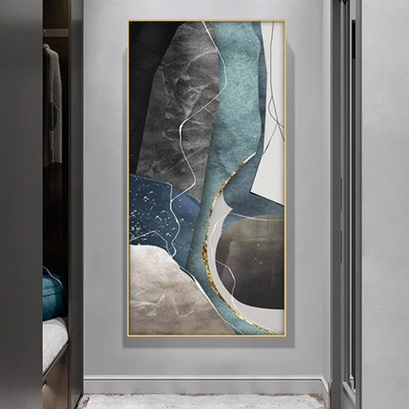 Large Geometric Abstract Canvas Art in Gray, Blue, and Green for Modern Living Spaces