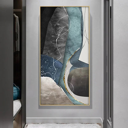 Large Geometric Abstract Canvas Art in Gray, Blue, and Green for Modern Living Spaces
