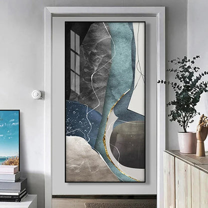 Large Geometric Abstract Canvas Art in Gray, Blue, and Green for Modern Living Spaces