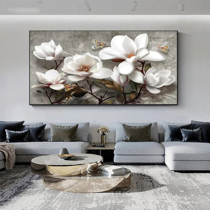 Large White Floral Abstract Canvas Wall Art for Home and Hotel Decor