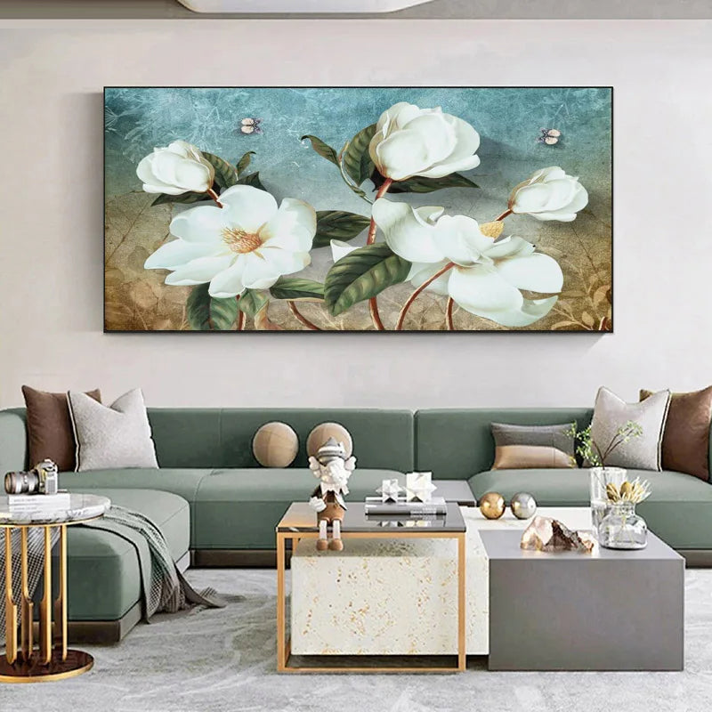 Large White Floral Abstract Canvas Wall Art for Home and Hotel Decor