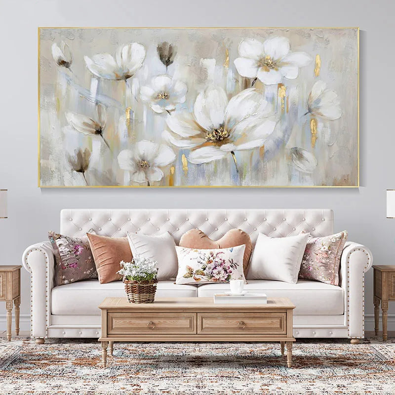 Large White Floral Abstract Canvas Wall Art for Home and Hotel Decor