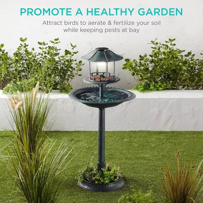 Solar Bird Bath with Stand, Integrated Planter and LED Light