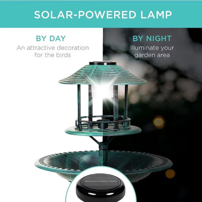 Solar Bird Bath with Stand, Integrated Planter and LED Light
